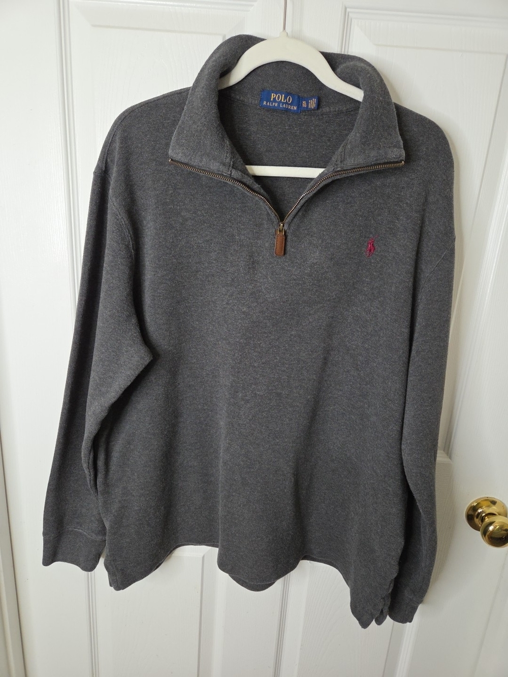Polo by Ralph Lauren Men's Dark Gray Quarter-Zip Sweater with Pink Pony